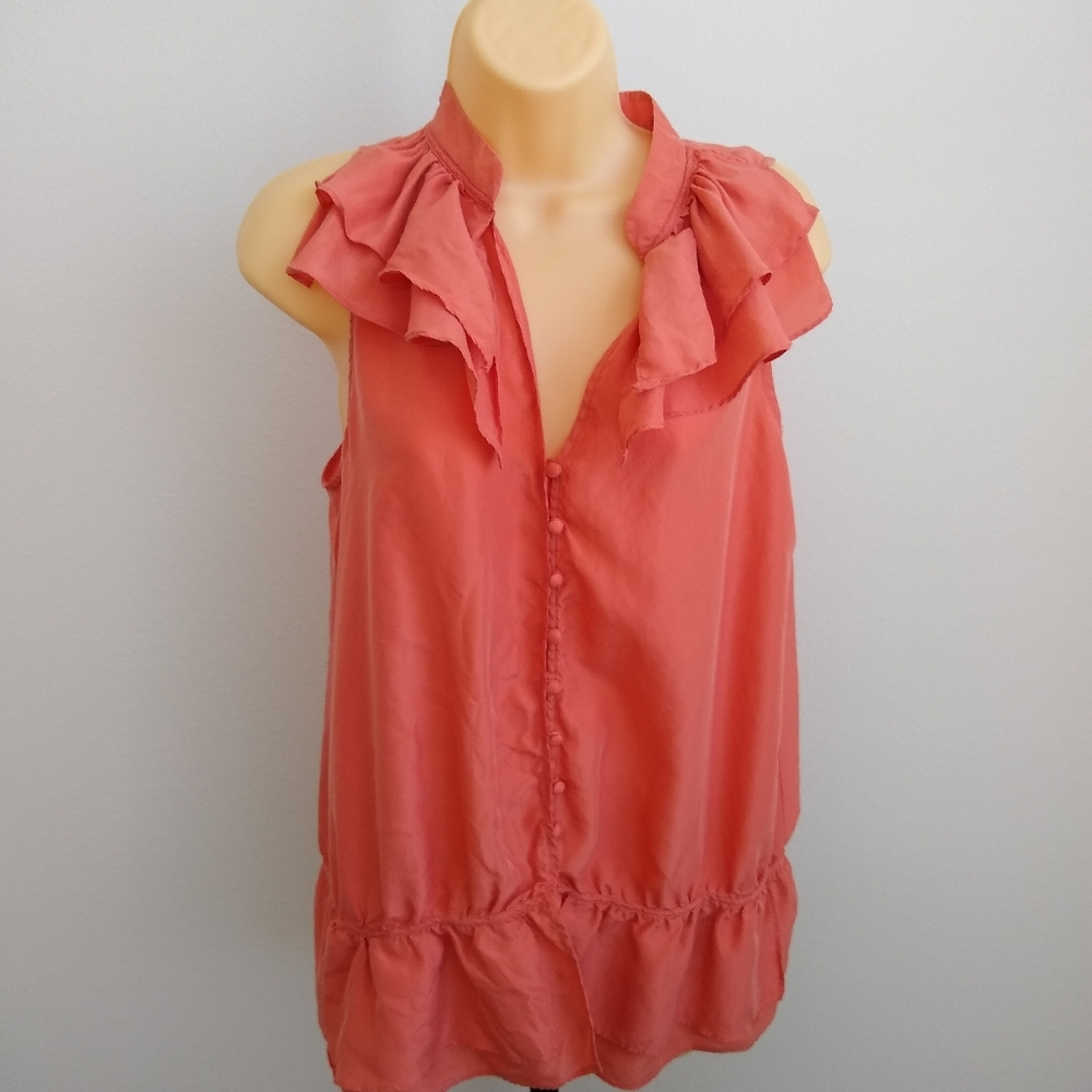 Ann Taylor Loft Ruffle Sleeveless Coral Top Medium